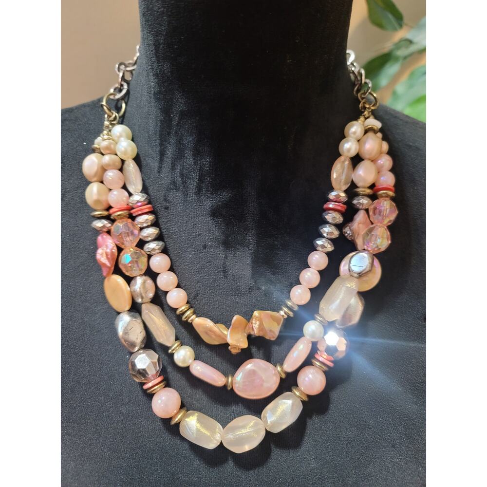Ruby Rd. Women Pink Beaded Statement Necklace Multi Strand Silver Tone Jewelry